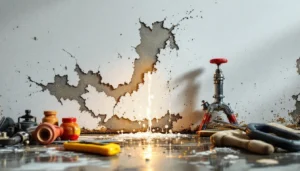 Fuite d'eau sous pression sur tuyau cuivre avec outils colmatage mastic et ruban