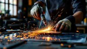 Artisan coupant du verre trempé recuit avec coupe-verre professionnel en atelier