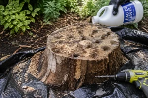Souche d'arbre traitée à l'eau de Javel avec perceuse et bâche en jardin, étapes destruction souche