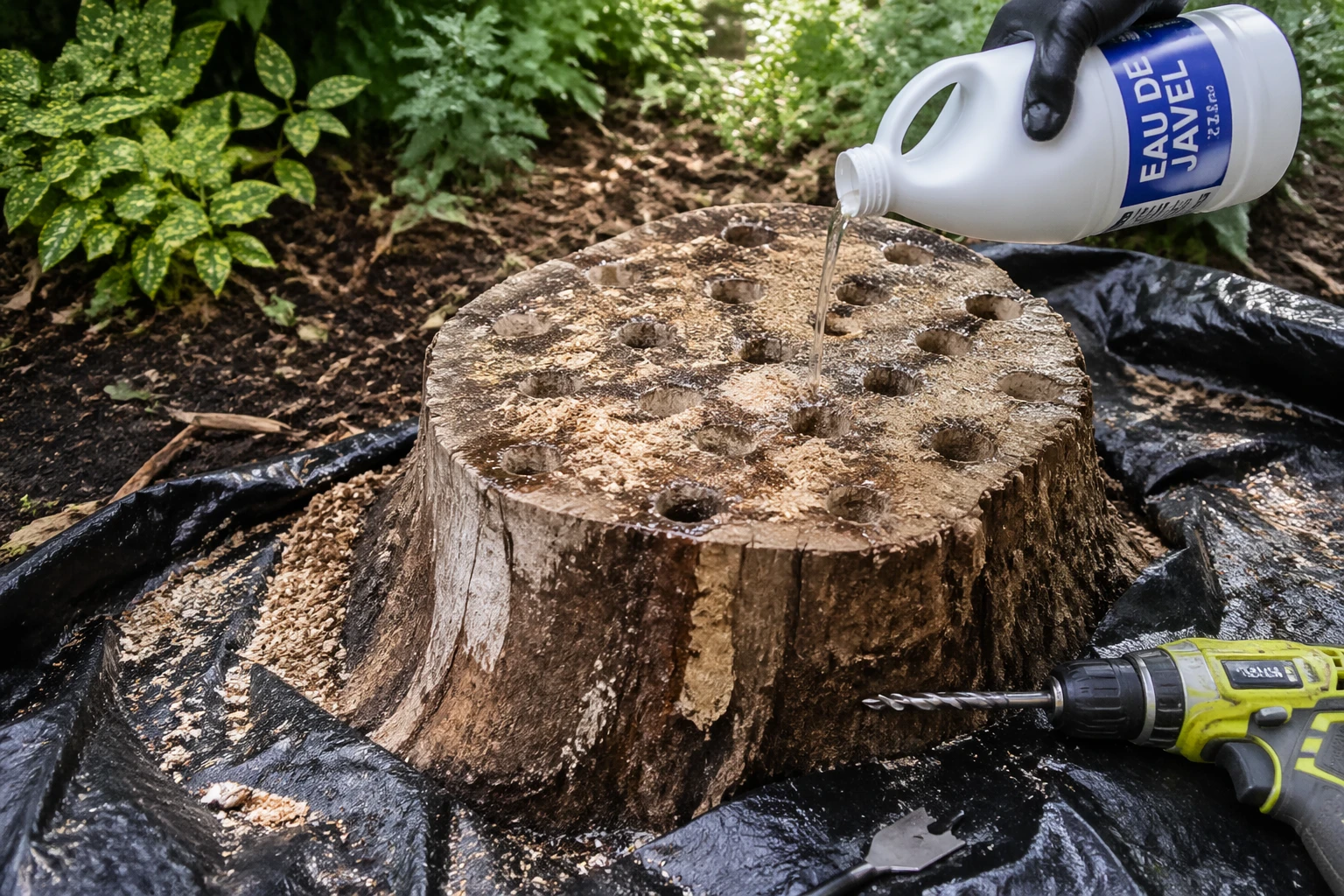 Détruire une souche avec de l&rsquo;eau de javel