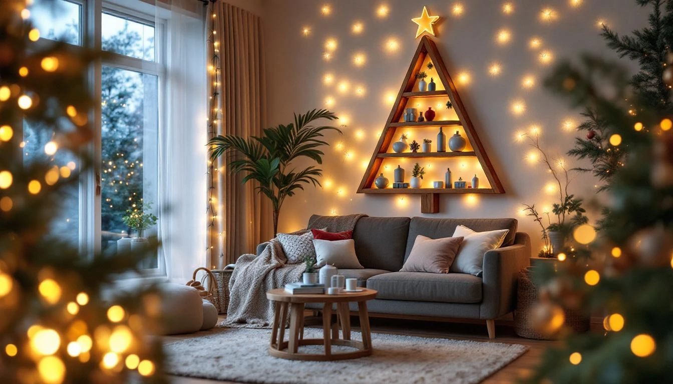 Sapin fabriqué en bois tasseaux DIY Noël, stable et décoré LED, tuto bricolage éco