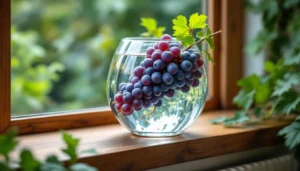 Bouture de vigne dans un bocal en verre avec radicelles blanches visibles dans l'eau