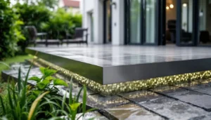Caniveau eau pluviale à grille inox installé entre terrasse dallée et pelouse