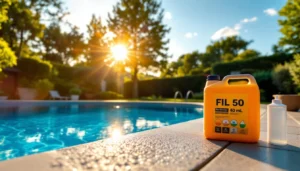 Bidon de javel piscine 9,6% posé sur le bord d'une piscine de 50 m3