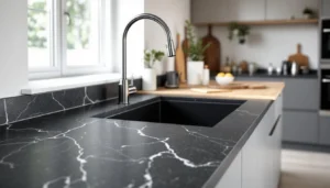 Évier en granit composite anthracite installé dans une cuisine moderne avec traces calcaires visibles