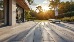 Terrasse composite avec lames grises sous soleil estival illustrant les inconvénients du matériau