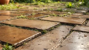 Terrasse dalle sur sable endommagée par tassement et mauvaises herbes