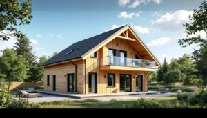 Maison bois en kit de Roumanie en montage avec ossature et systèmes CVC, prix économique 2026