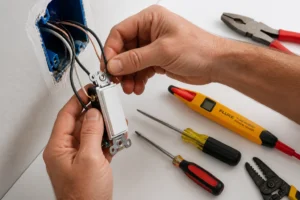 Électricien raccordant un interrupteur sur un circuit existant dans une boîte d'encastrement murale