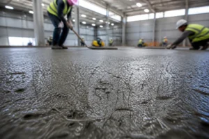 Dallage en béton fibré acier en cours de coulage et lissage sur un chantier industriel