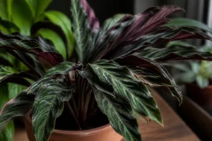 Calathea rufibarba aux feuilles veloutées vert foncé et dessous bordeaux, en pot intérieur lumière naturelle