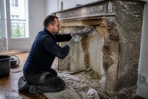 Ouvrier qui démolit une cheminée en briques dans un appartement, débris et outils au sol