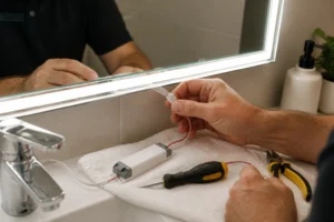 Technicien remplaçant une bande LED derrière un miroir de salle de bain avec tournevis et connecteur