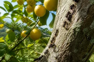 Fourmis noires grimpant sur le tronc d'un citronnier avec des citrons jaunes en arrière-plan