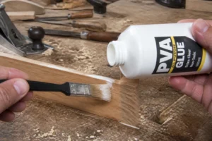 Flacon de colle PVA blanc appliqué au pinceau sur une pièce de bois dans un atelier