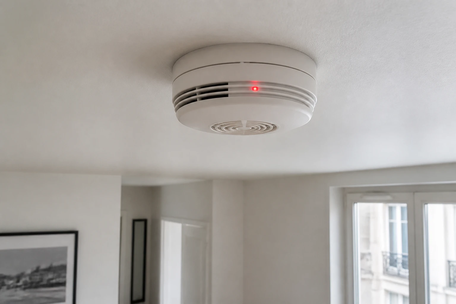 Détecteur de fumée blanc fixé au plafond d'un appartement moderne avec voyant rouge allumé