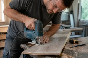Artisan coupant une lame de parquet stratifié avec une scie sauteuse sur un établi de chantier