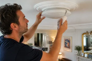 Personne sur escabeau qui déclipse le cache d'un plafonnier blanc avec un tournevis plat protégé par un chiffon