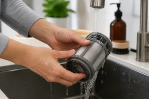 Nettoyage du filtre d'un lave-vaisselle sous l'eau courante dans un évier de cuisine