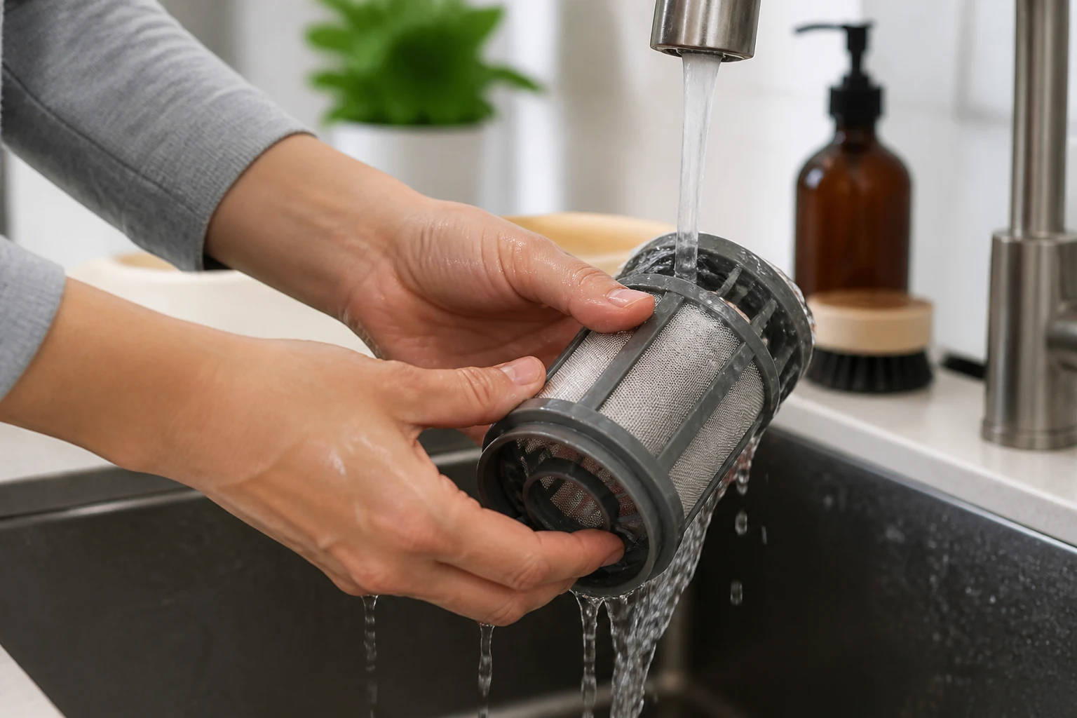 Nettoyage du filtre d'un lave-vaisselle sous l'eau courante dans un évier de cuisine