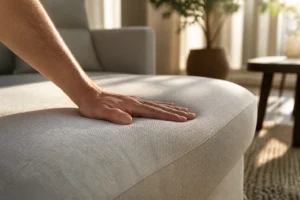 Main appuyant sur l'assise d'un canapé gris pour tester la densité de mousse dans un salon moderne