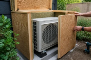 Caisson anti-bruit en OSB3 en cours d'assemblage autour d'une pompe à chaleur extérieure dans un jardin