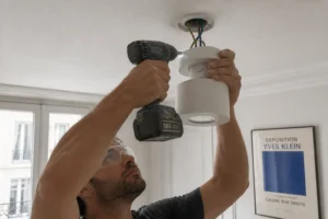 Installation d'un lustre au plafond sans crochet avec perceuse sur plafond en plâtre