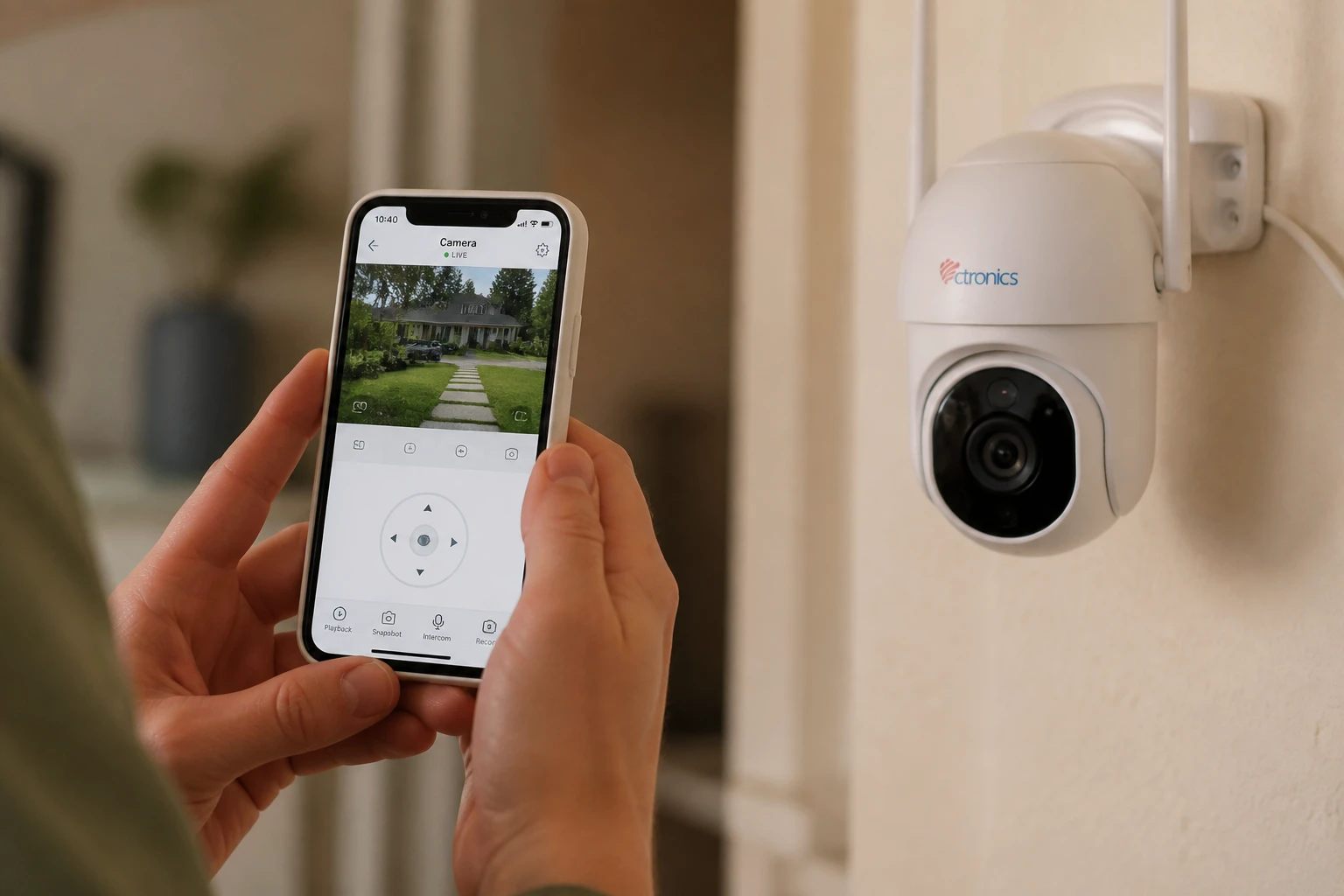 Mains tenant un smartphone avec l'application Ctronics ouverte, caméra de surveillance WiFi blanche visible en arrière-plan
