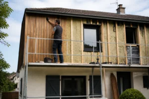 Particulier posant un bardage ventilé en bois sur la façade d'une maison individuelle avec échafaudage