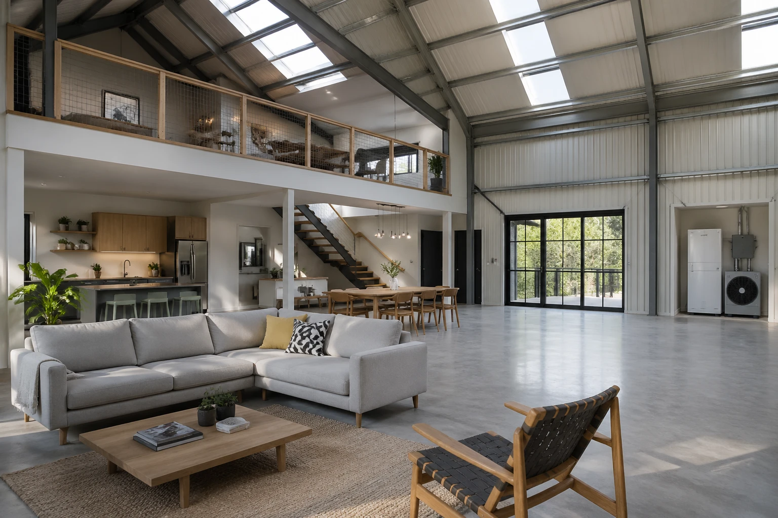 Intérieur d'une maison moderne aménagée dans un hangar métallique reconverti, avec structure apparente et mezzanine en bois