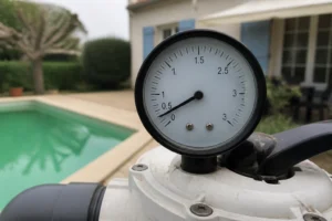 Manomètre d'un filtre à sable de piscine fixé sur une vanne multivoies, aiguille bloquée à zéro bar