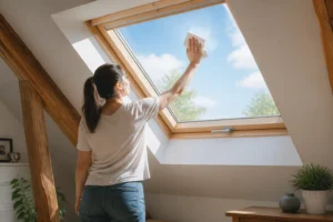 Personne nettoyant la vitre intérieure d'un Velux avec un chiffon microfibre dans une pièce lumineuse