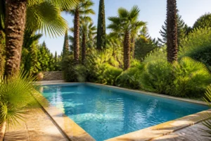 Palmiers Trachycarpus fortunei et Chamaerops humilis plantés en bord de piscine privée dans un jardin français ensoleillé