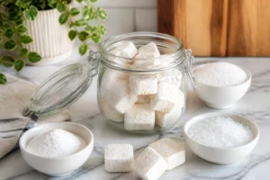 Pastilles lave-vaisselle maison dans un bocal en verre entouré d'ingrédients naturels : bicarbonate, acide citrique et sel fin sur plan de travail