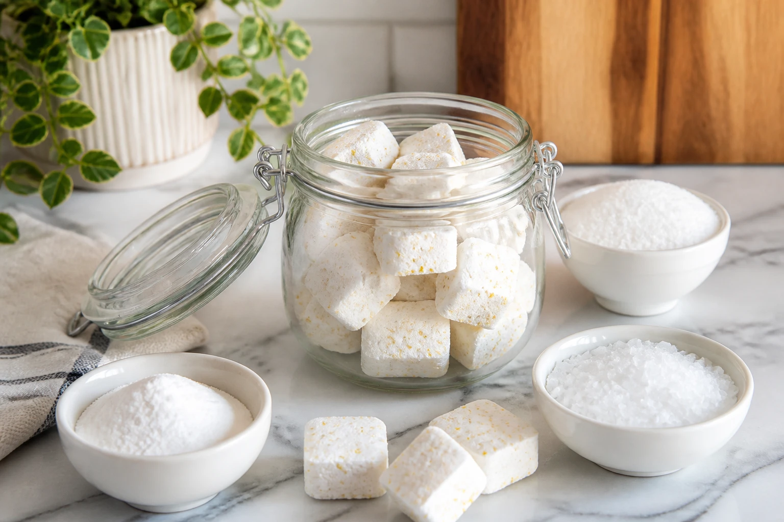 Pastilles lave-vaisselle maison dans un bocal en verre entouré d'ingrédients naturels : bicarbonate, acide citrique et sel fin sur plan de travail