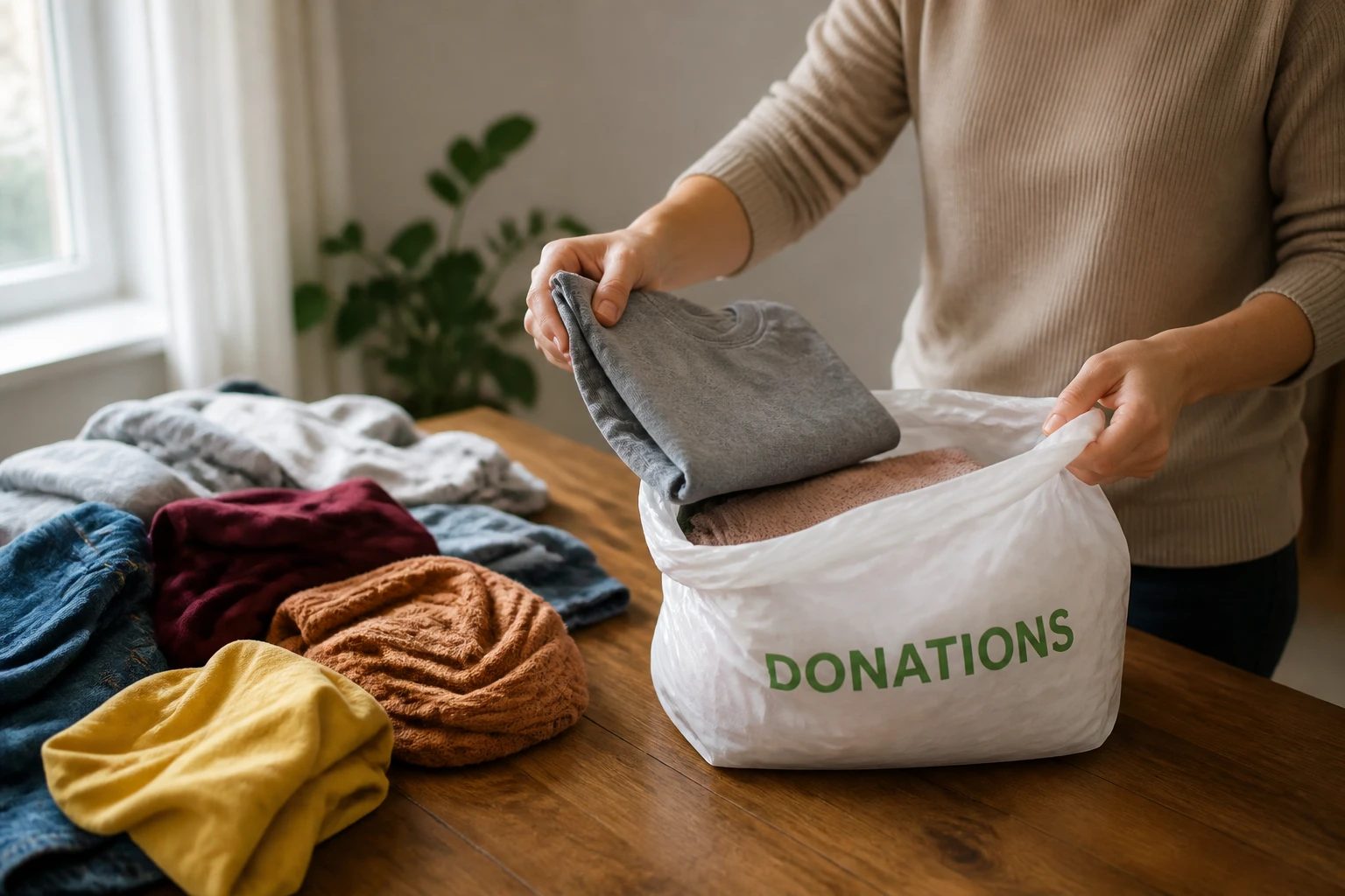Tri de vêtements usagés avant dépôt dans un conteneur textile à la déchetterie