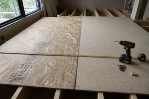 Panneaux OSB et aggloméré côte à côte sur des solives en bois lors d'un chantier de plancher résidentiel