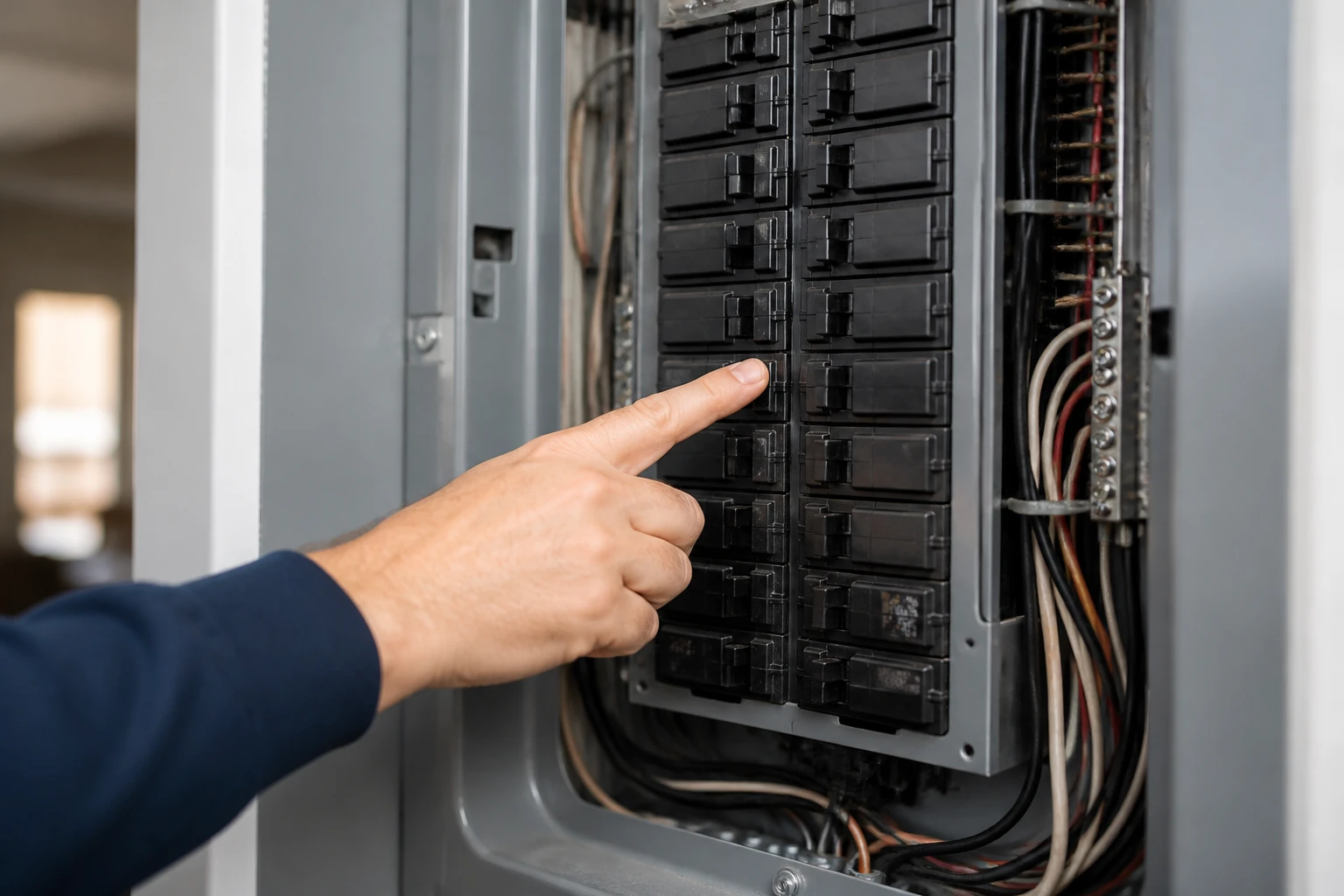 Tableau électrique résidentiel ouvert avec disjoncteurs modulaires, main de technicien indiquant un disjoncteur enclenché