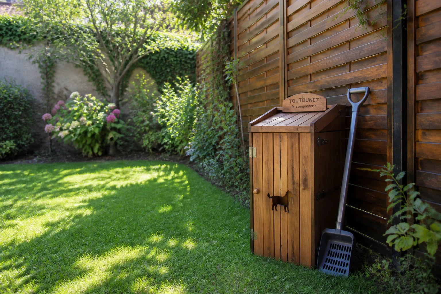 Jardin résidentiel avec composteur dédié aux crottes de chien, pince ramasse-crottes et pelouse verte entretenue