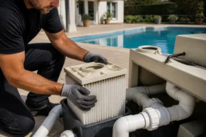 Technicien remplaçant un bloc filtration Desjoyaux F15 avec raccords PVC sur une piscine résidentielle