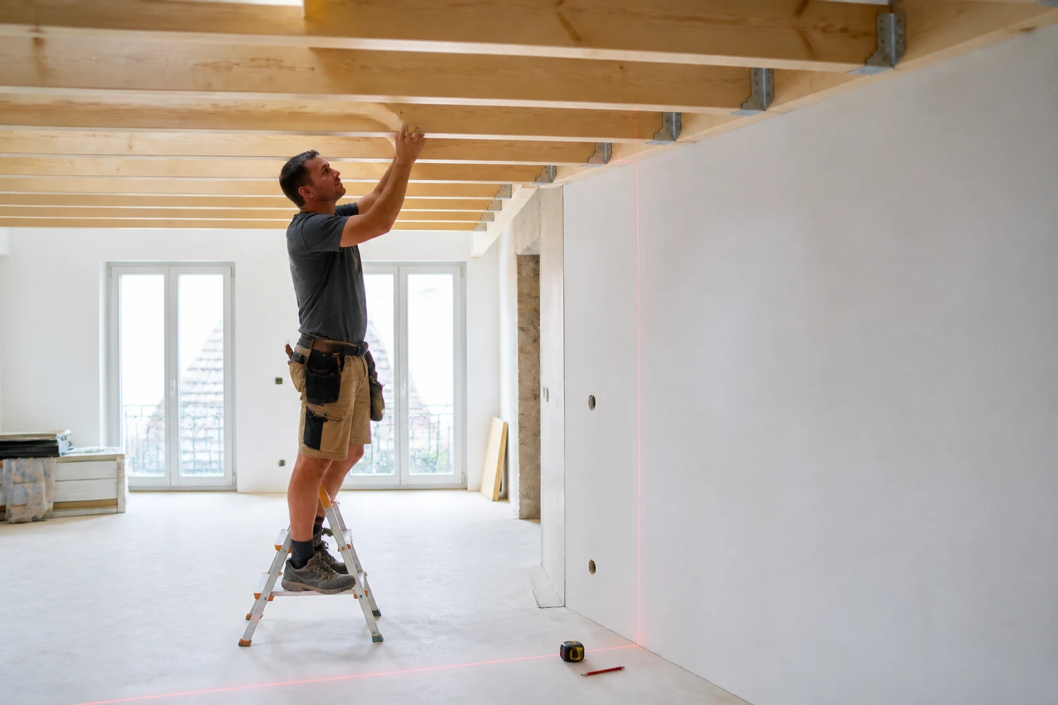 Pose de solives en bois massif pour un solivage de plafond dans une maison en rénovation