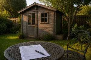 Abri de jardin en bois construit avant 2012 avec documents fiscaux posés sur table de jardin