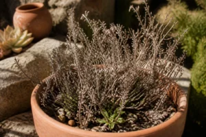 Pied de thym qui sèche dans un pot en terre cuite, feuilles brunies et tiges ligneuses avec quelques pousses vertes à la base