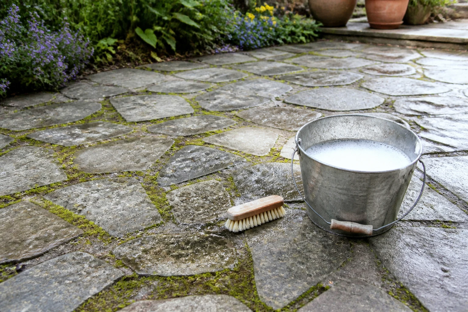 Nettoyage d'une terrasse en pierre avec brosse et eau savonneuse, méthode naturelle grand-mère