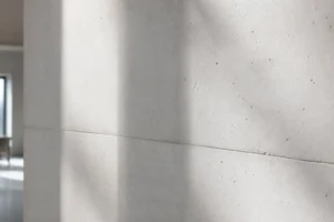 Surface en béton blanc lisse avec texture minérale visible, éclairage naturel rasant