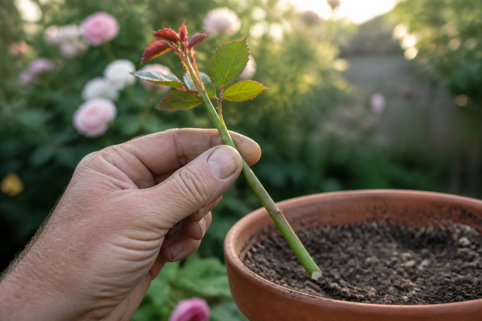 Main de jardinier préparant une bouture de rosier près d'un pot en terre cuite, lumière de fin d'été