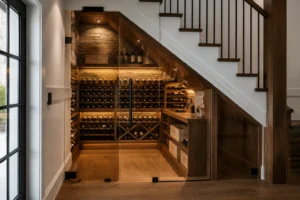 Cave à vin aménagée sous un escalier en bois avec casiers et éclairage LED