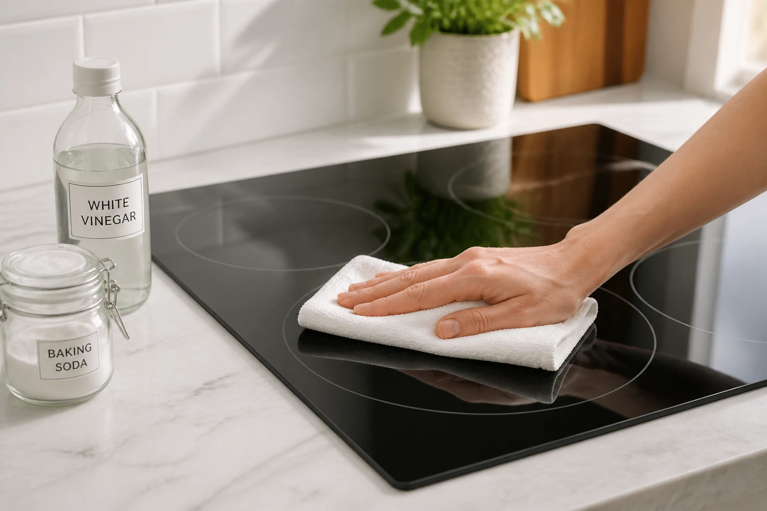 Nettoyage d'une plaque vitrocéramique noire avec un chiffon microfibre blanc et du bicarbonate de soude