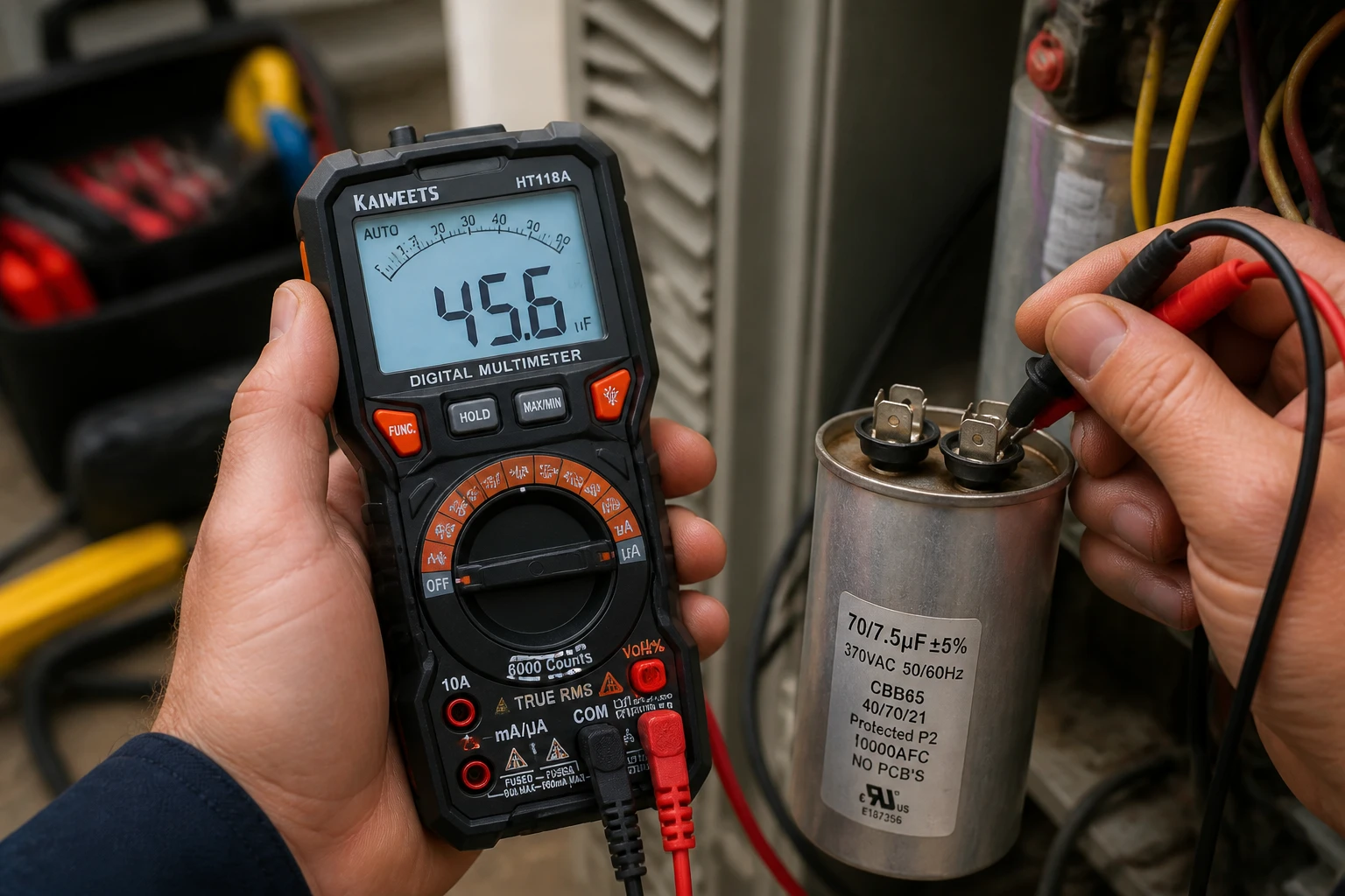 Technicien testant un condensateur de climatiseur avec un multimètre numérique en mode capacimètre