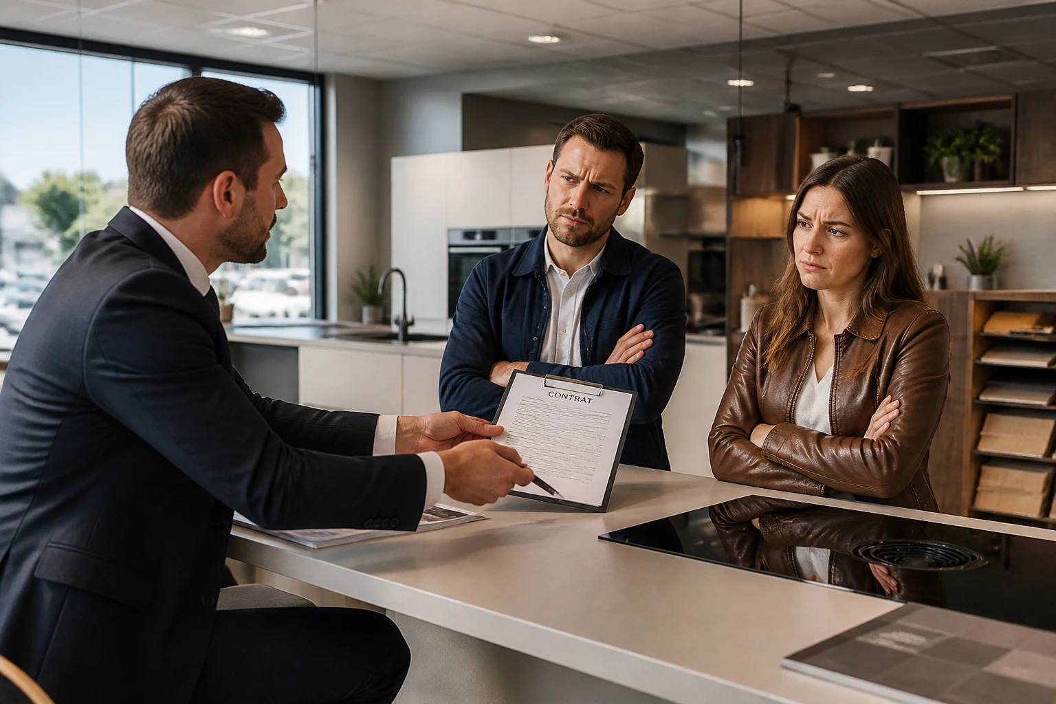 Couple hésitant face à un contrat de cuisine dans un showroom, signaux d'alerte avant signature